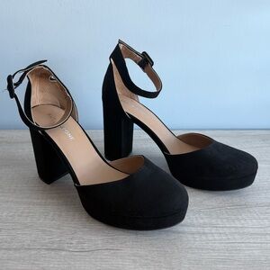Sun + Stone Women's Black Birdey Ankle Strap Block Heel Platform Pumps Size 9.5